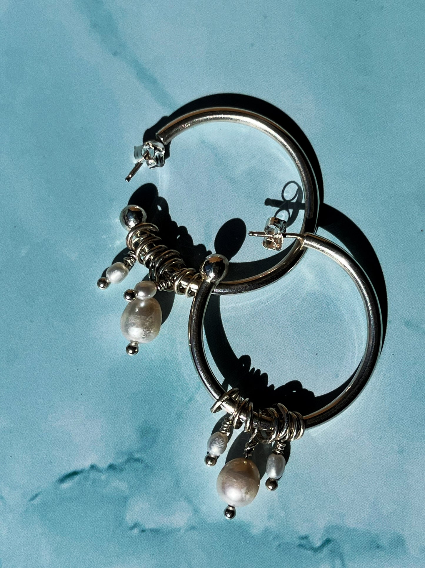 Solid Silver & freshwater pearl Hoops