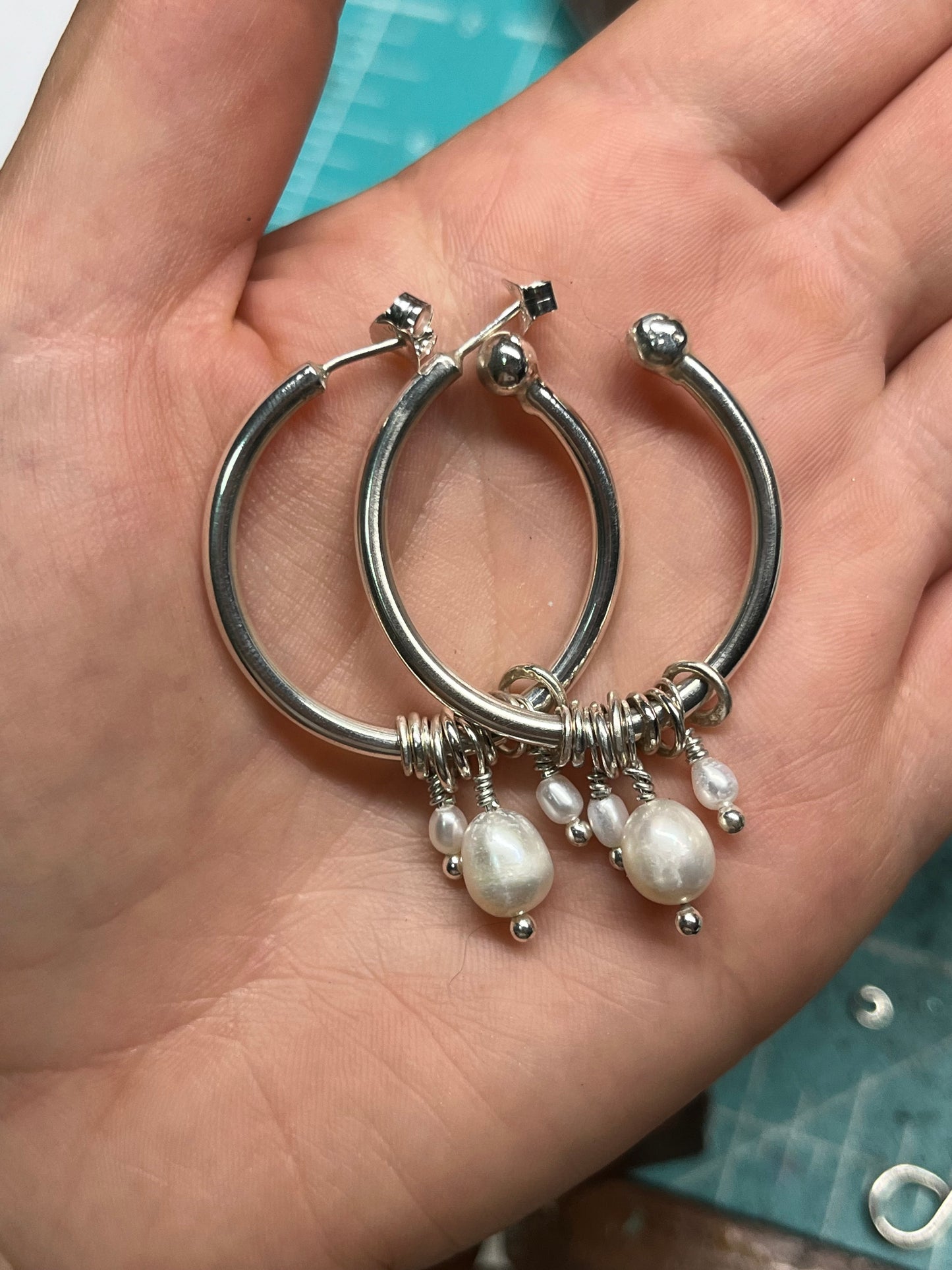 Solid Silver & freshwater pearl Hoops